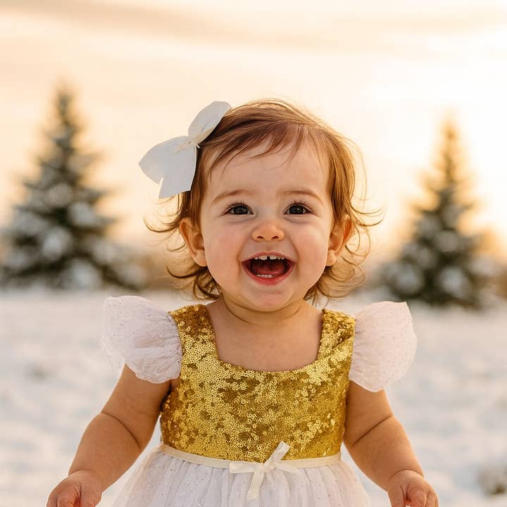 White Gold Sequin Tulle Flower Dress for wholesale by Fennco Styles