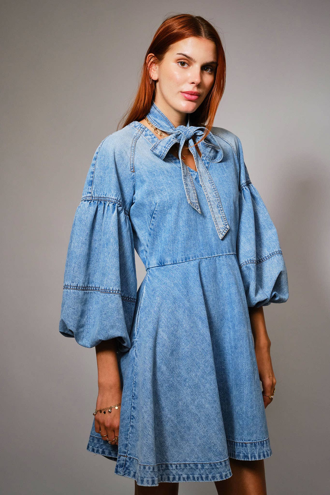LIGHT WASH 23767D Tie Neck Puff Sleeve Denim Dress for wholesale on Faire