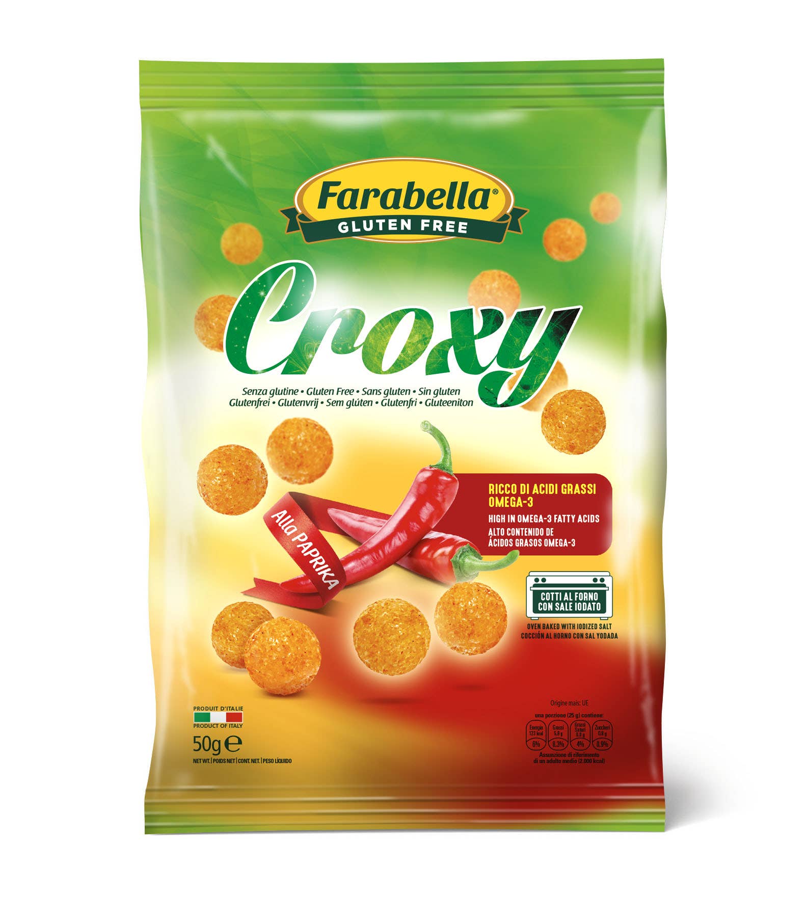 Farabella – Großhandel Gepuffte Snacks – Croxy Glutenfreier Paprika-Snack 50G X 21