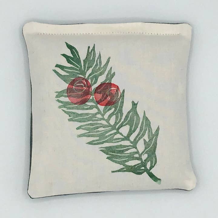 Handprinted Lavender sachet featuring Yew berry design for wholesale by Fastsoft Press