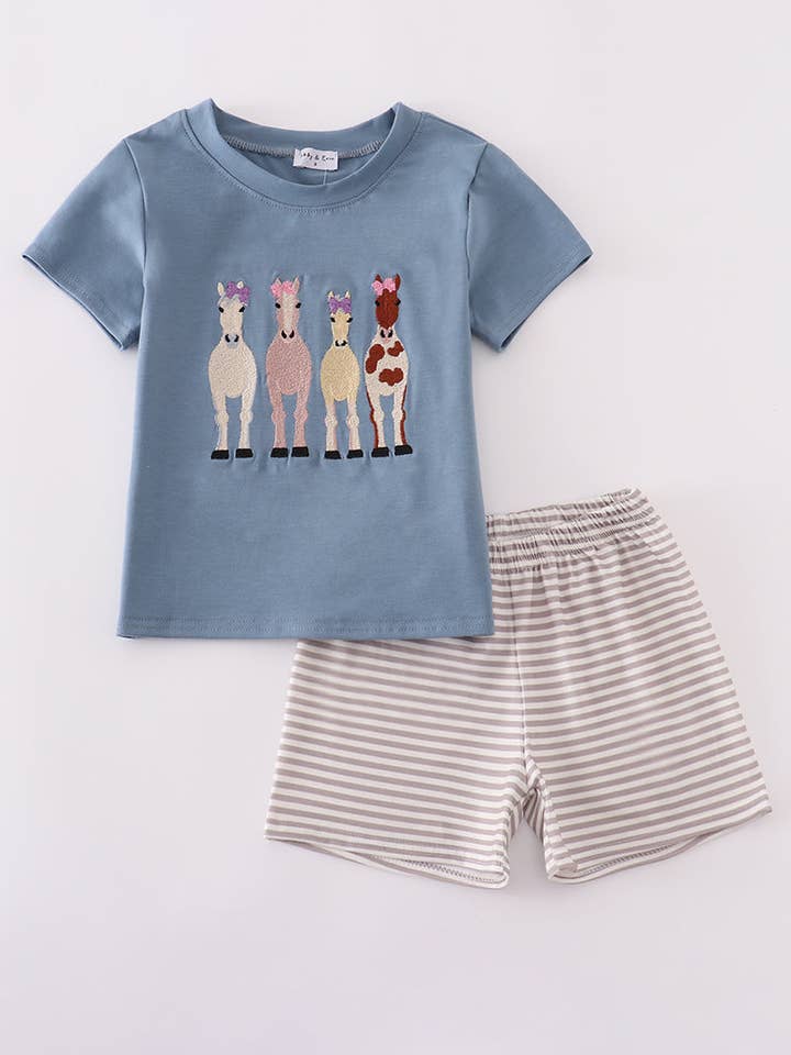 Blue farm horses embroidery shorts set for wholesale by Aspen Rain Boutique