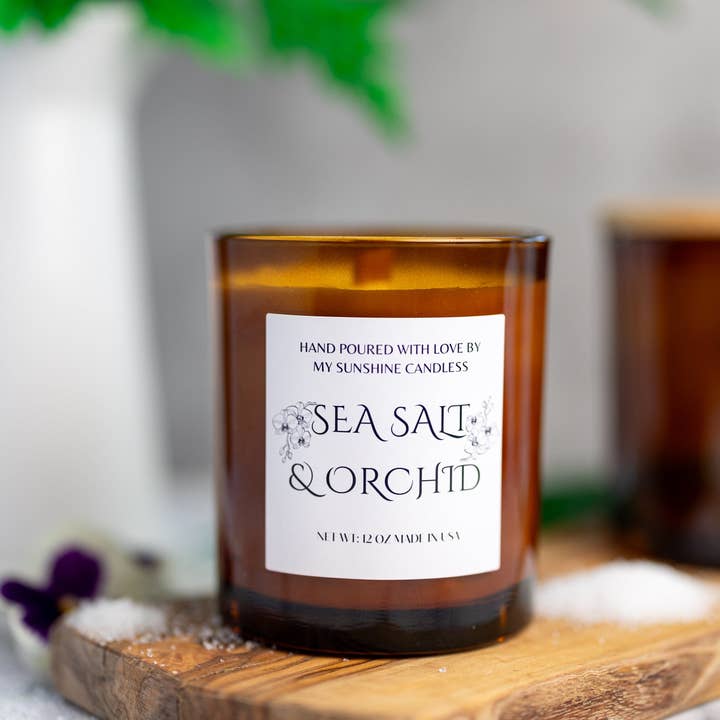 MySunshineCandless - Wholesale Jar/filled candle - Sea Salt & Orchid Beautiful Amber Jar Candle Wooden Wick/With All Natural 100% Soy Wax /Cozy Amber Jar 12oz , 10oz , 7oz3