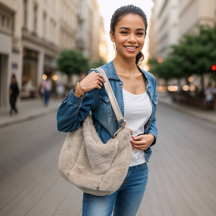 Cora - Faux Fur Shoulder Bag - Cream for wholesale by Black Ginger