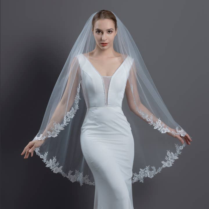 Farinosa Bridal - Venta al por mayor Velo - Mujer - Velo de novia bordado con encaje floral y cristales FS6305 de 45"