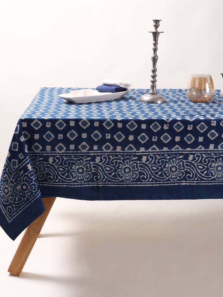 Handmade Indigo Blue Printed Cotton Tablecloth - Dining for wholesale by Artsy Home