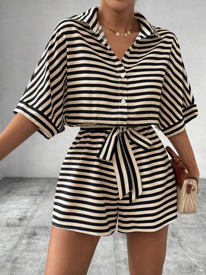 Lily Clothing - Wholesale Romper - Women's - Women’s striped buttoned cardigan romper