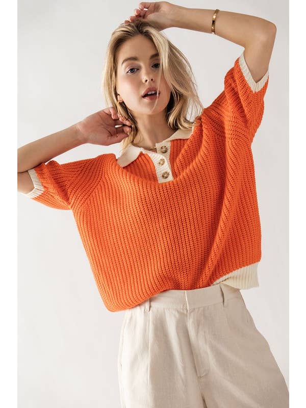 Orange TWO-TONE CONTRAST QUARTER BUTTON KNIT SWEATER for wholesale on Faire