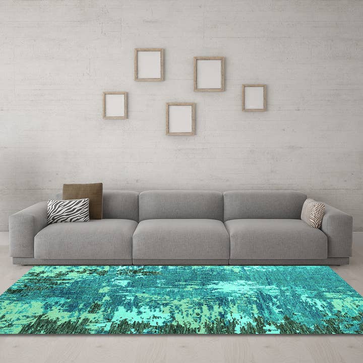 Tapis moderne de couleur turquoise abstraite lavable en machine pour la vente par Ahgly