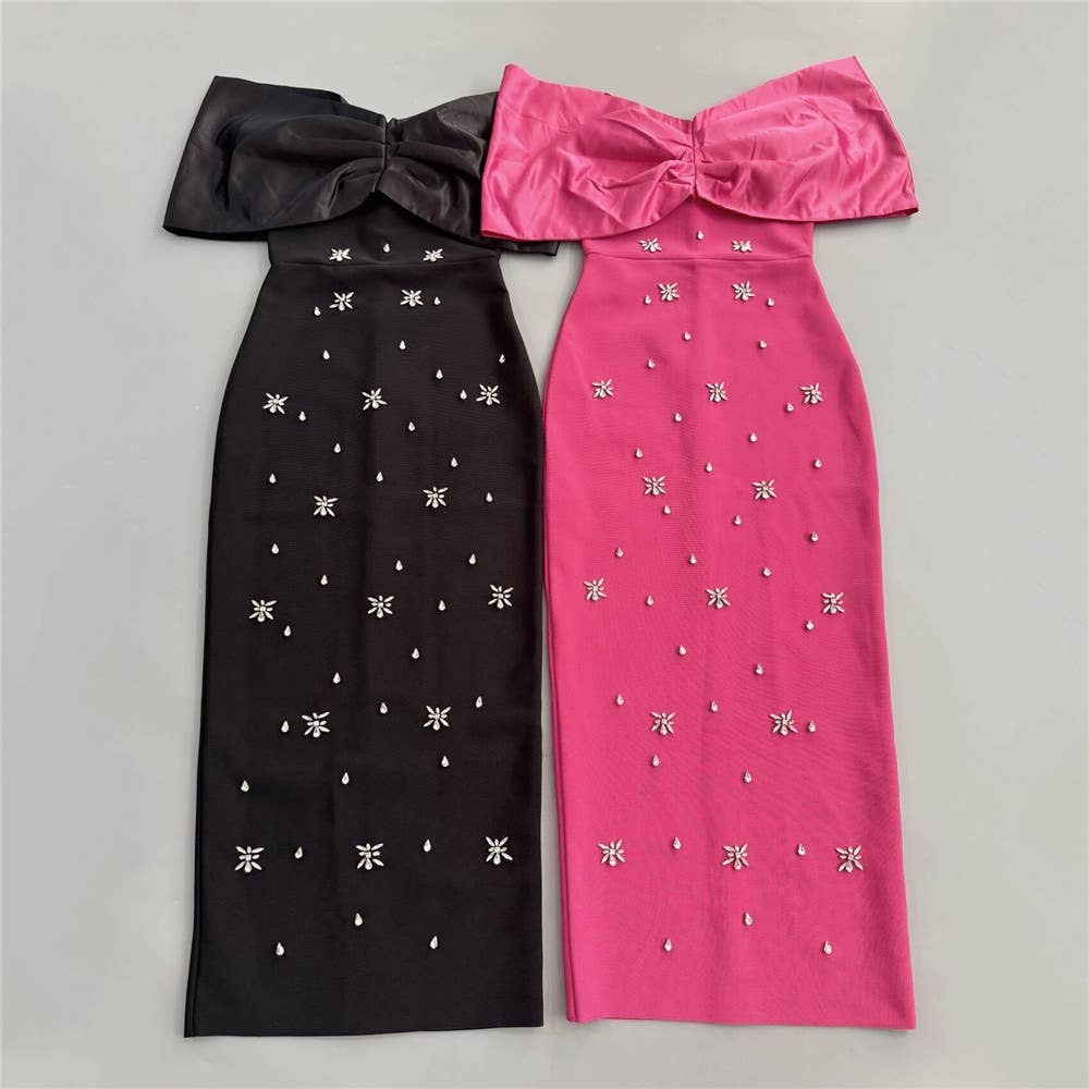 Productseeker – Vestido comprido - Mulher por atacado – DR829 Vestido de Outono com Ombros Descobertos e Laço de Strass4