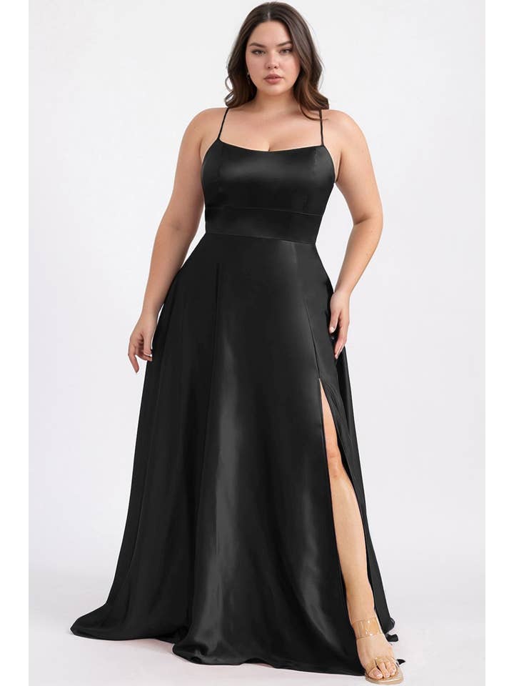 Maniju - Wholesale Gown - Women's - MF21160P PLUS SIZE SATIN DRESS WITH ELASTIC WAISTBAND