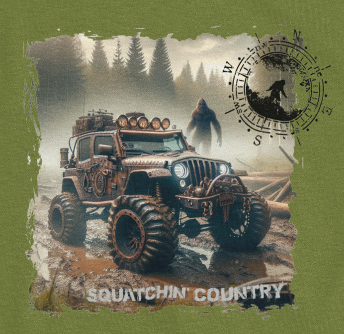 Squatchin’ Country - Wholesale T-Shirt (Graphic) - Men's - Rustic Bigfoot Jeepin Squatchin' Country t-shirt1