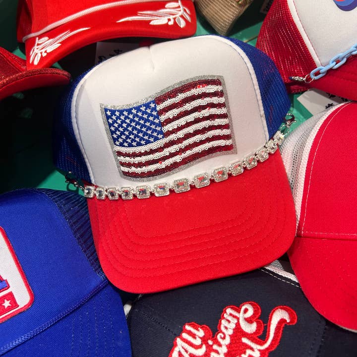 Sequin Flag Trucker | American Flag Hat | Patriotic Cap for wholesale by Vibes Hat Company