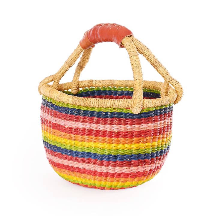 Swahili | AFRICAN MODERN - Wholesale Basket - Kids & Baby - Rainbow Chaser Baby Bolga Basket with Leather Handle