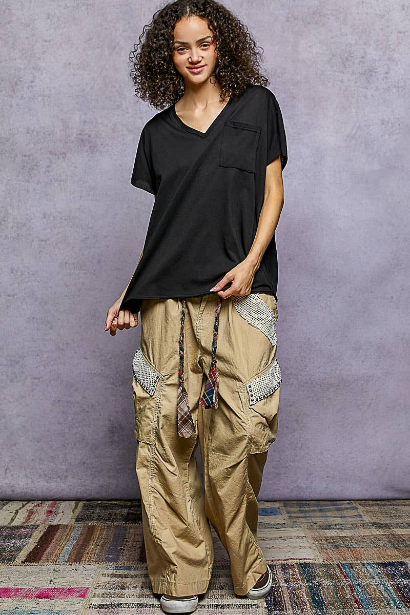 Pol Clothing - Wholesale T-Shirt - Women's - Oversized v-neck front pocket short sleeve solid top SALE4