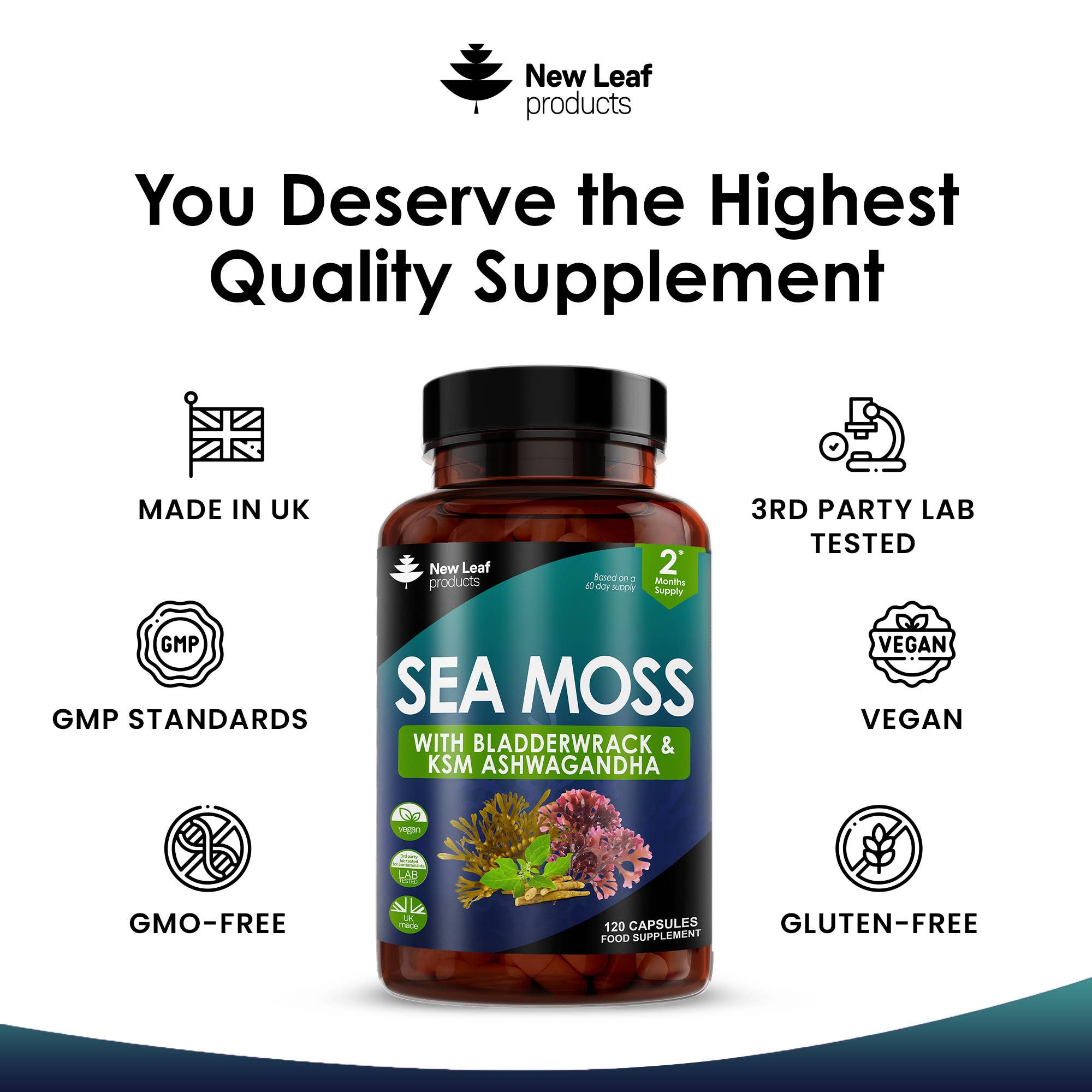 New Leaf products Ltd – wholesale Oral supplement/vitamin – Sea Moss Complex + Bladderwrack & KSM Ashwagandha 120 Caps3