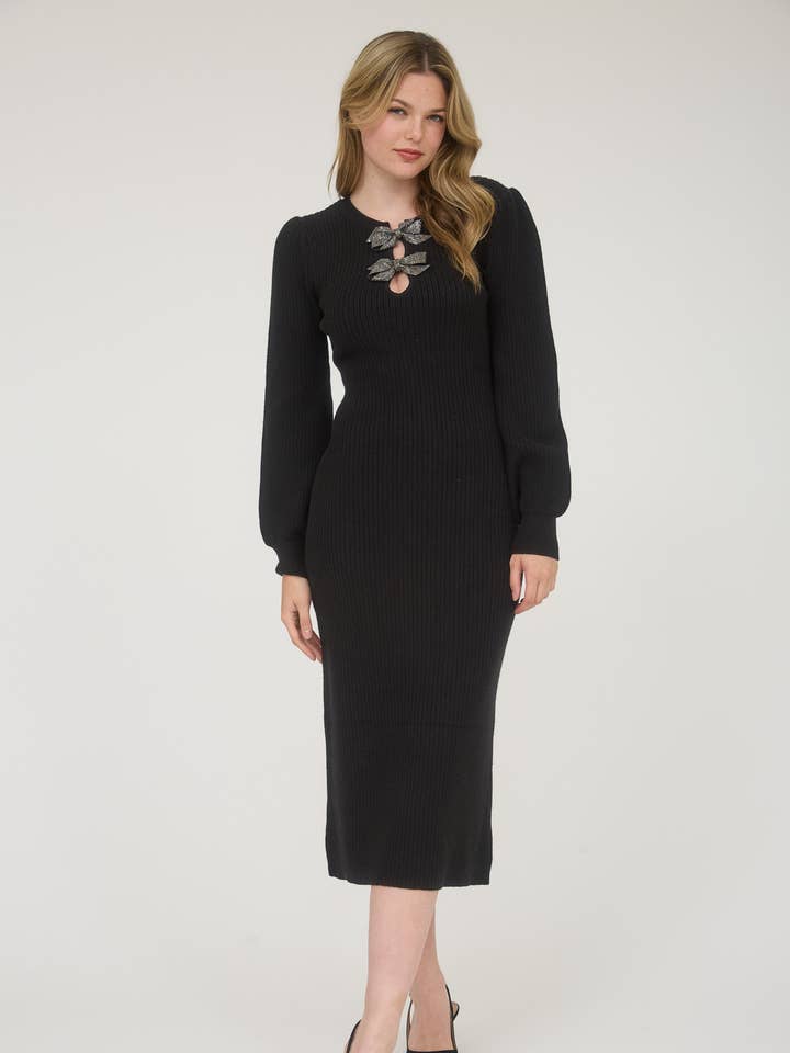 SPARKLY BOW DETAIL LONG SLEEVE KNIT MIDI DRESS for wholesale by MINE
