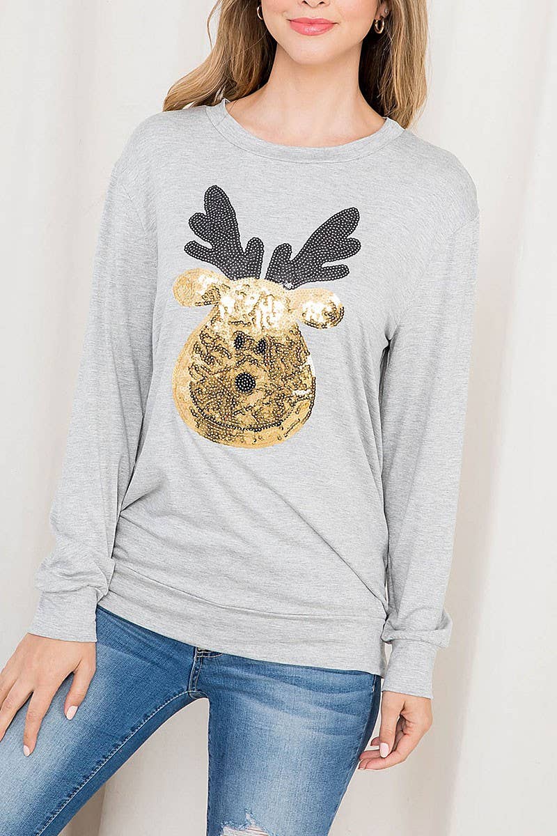 ROUSSEAU - Wholesale Tunic - Women's - SEQUIN MOOSE PRINT LONG SLEEVE TOP8