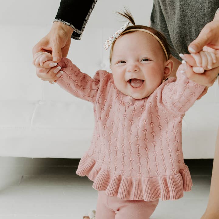 Mauve Pink Milan Ruffle Tunic Sweater Knit Baby Dress Top (Organic) for wholesale on Faire
