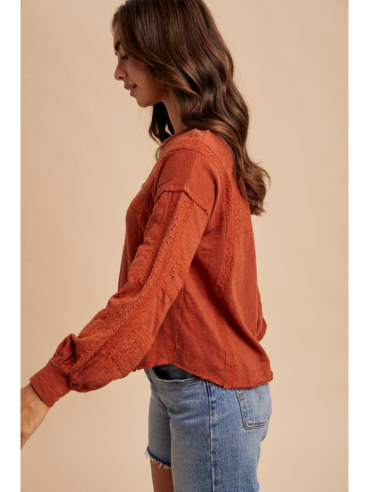 In Loom - Wholesale Blouse - Women's - GARMENT WASHED LACE INSET LONG SLEEVE TOP12