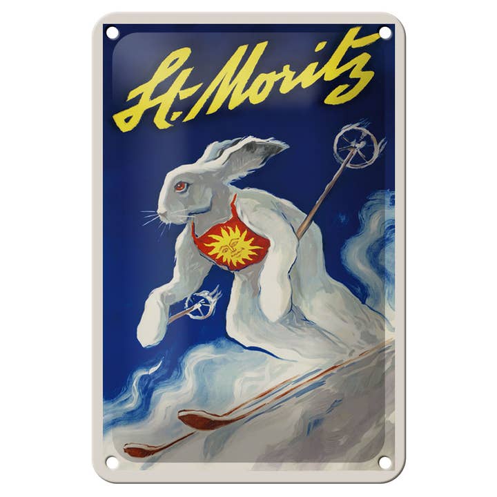Plåtskylt Resa 12x18 cm St. Moritz Kanin på skidor Skylt för wholesale av Femer