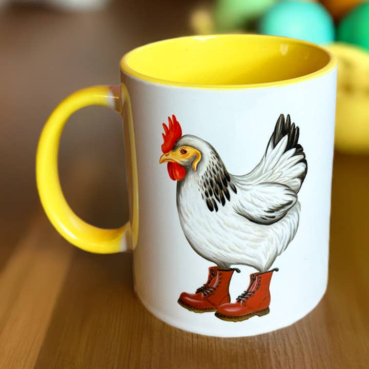 Hen wearing Docs Mug for wholesale by Sardines Studio