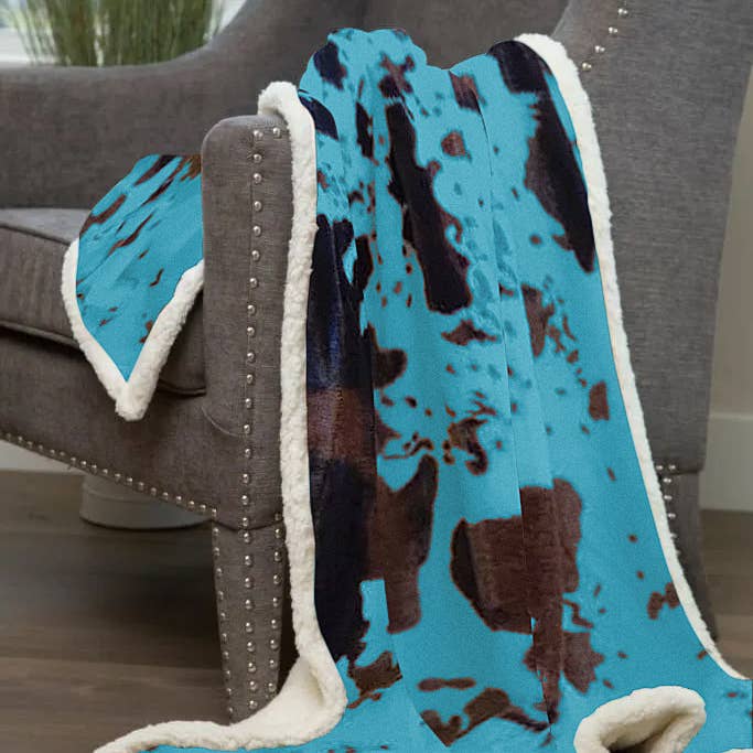 Linen Mart - Wholesale Throw Blanket - Turquoise Cowhide Sherpa Throw Blanket