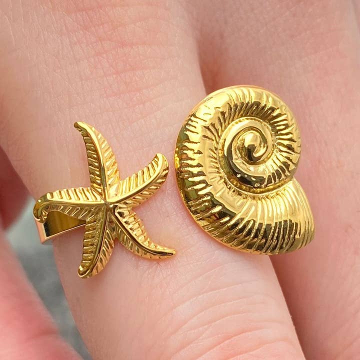 18K vergulde SS Starfish & Conch verstelbare ring - FGS voor wholesale door Mio Queena