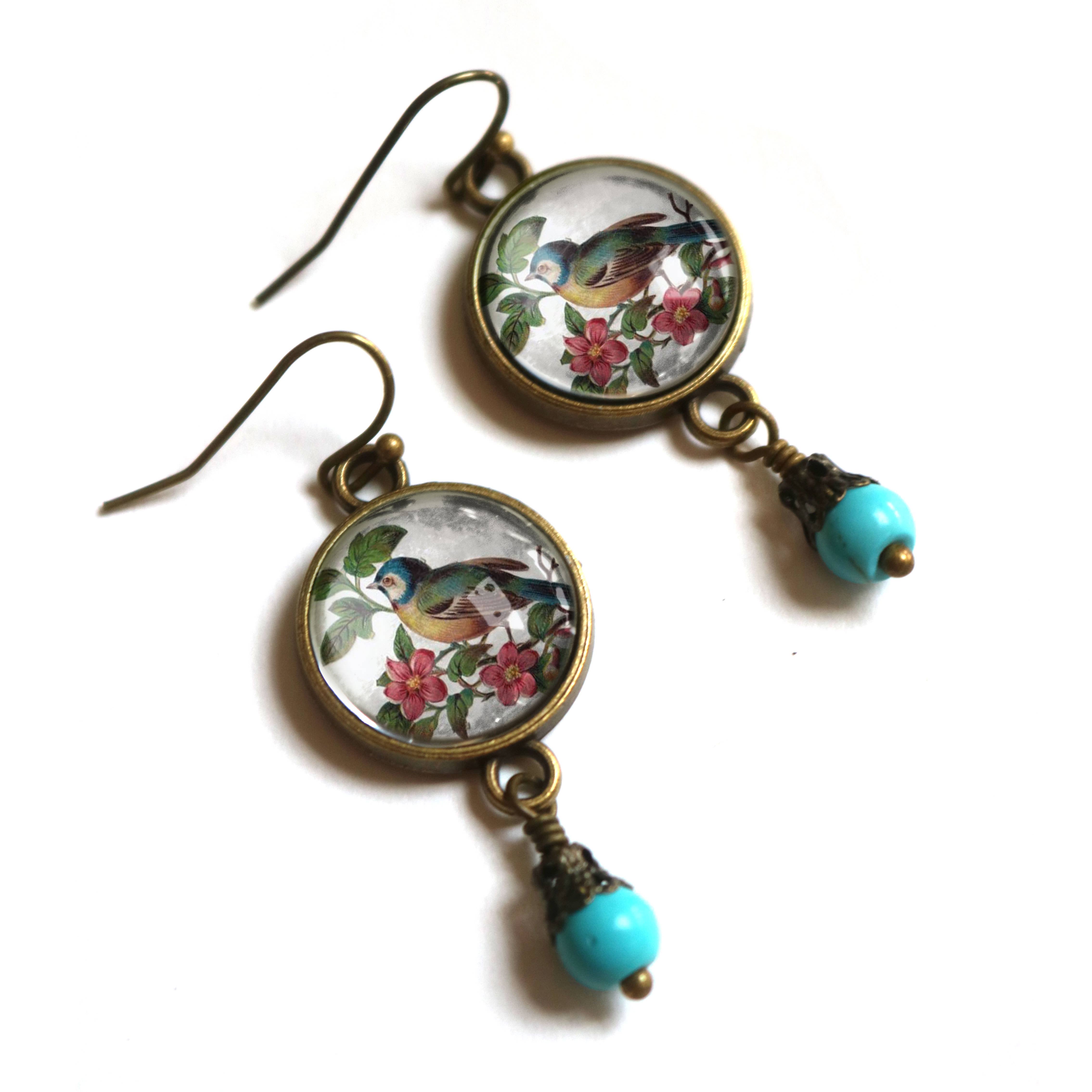 The Divine Iguana - Wholesale Dangle Earrings - Bluebird Cottagecore Glass Cabochon and Bronze Earrings3