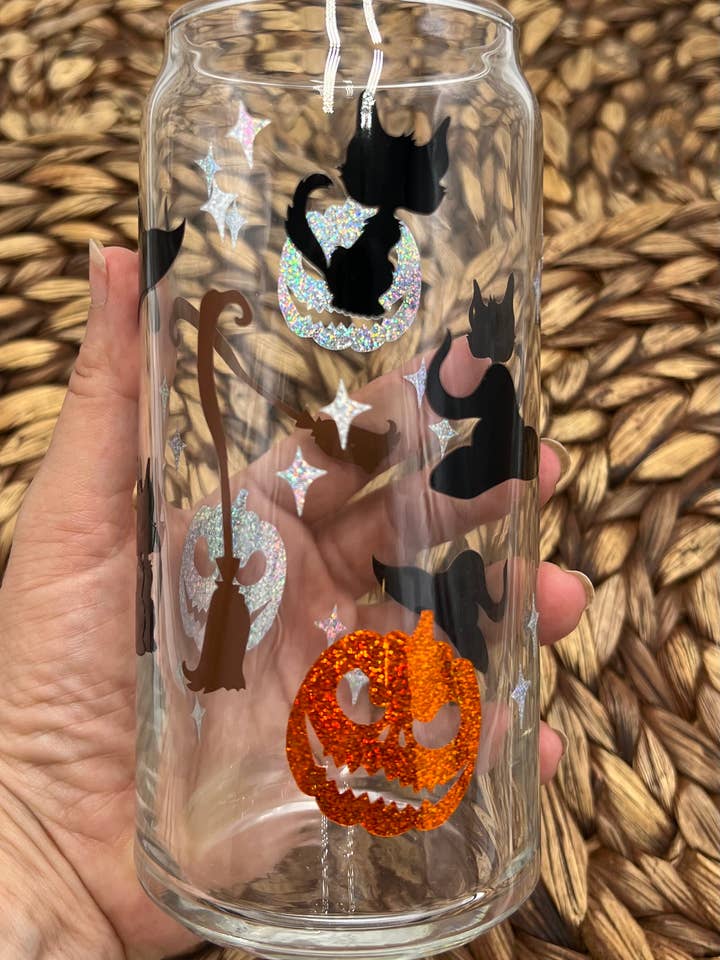Halloween Black Cats, Witches and Pumpkins Beer Can Glass for wholesale by Lily Rose Designs