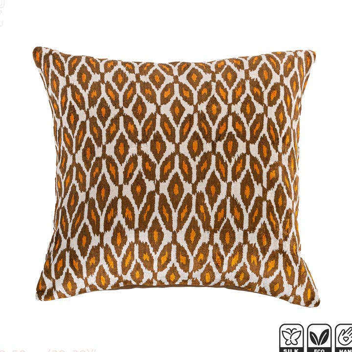 Ikat Velvet Decorative Pillow Covers with Brown & Orange for wholesale by OyzShop