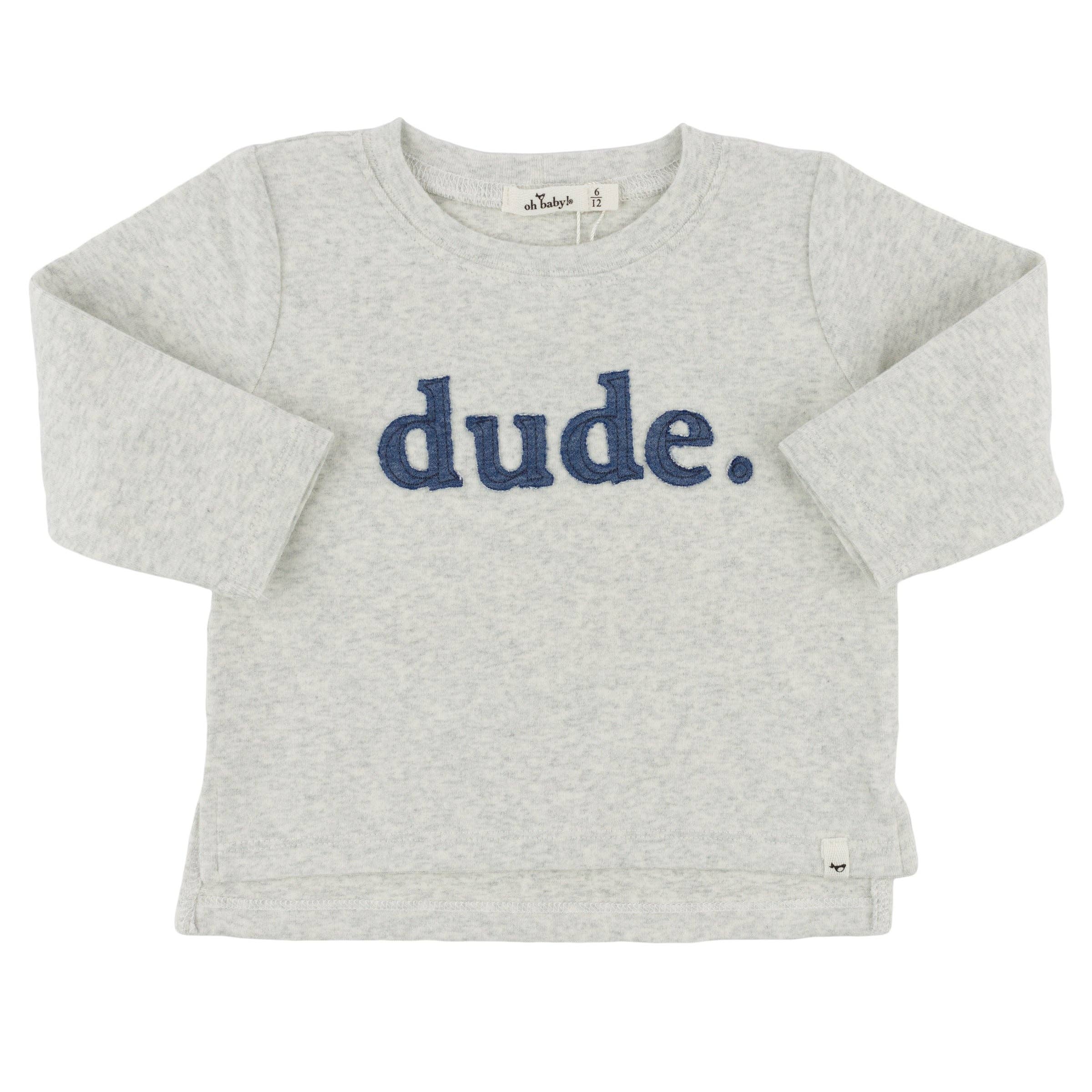 Heather Gray Denim "dude" Applique Raw Edge Baby Rib L/S Tee for wholesale on Faire0