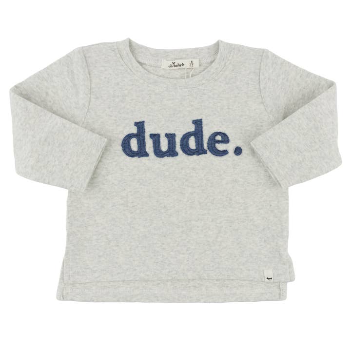 Maglia a maniche lunghe in baby rib con applicazione "dude" in denim e bordo grezzo per la vendita all'ingrosso da parte di oh baby!