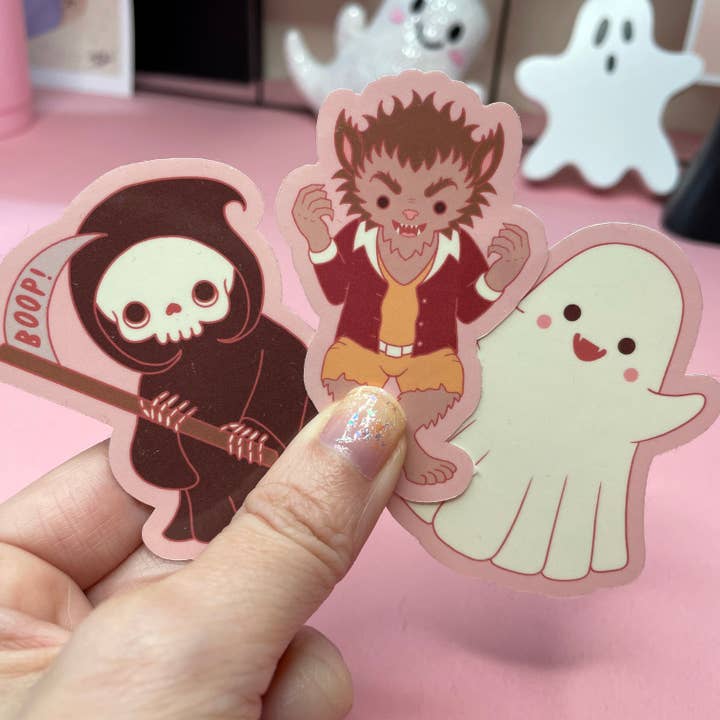 Spooky Monster Stickers: Grim Reaper Death, Werewolf, Ghost Vinyl Sticker for wholesale by Wendy Stephens Art