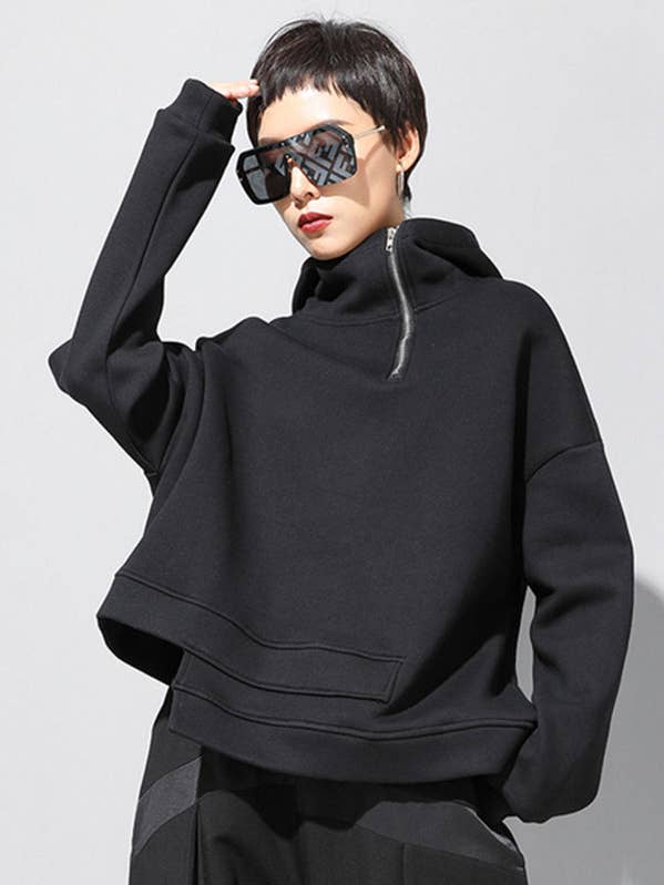 Sweats à capuche zippés asymétriques noirs élégants pour la vente par StyleGalX