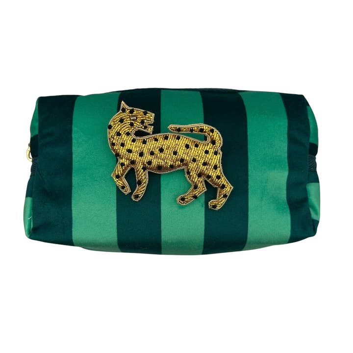 Teal stripe makeup bag & Leopard brooch for wholesale by Sixton London