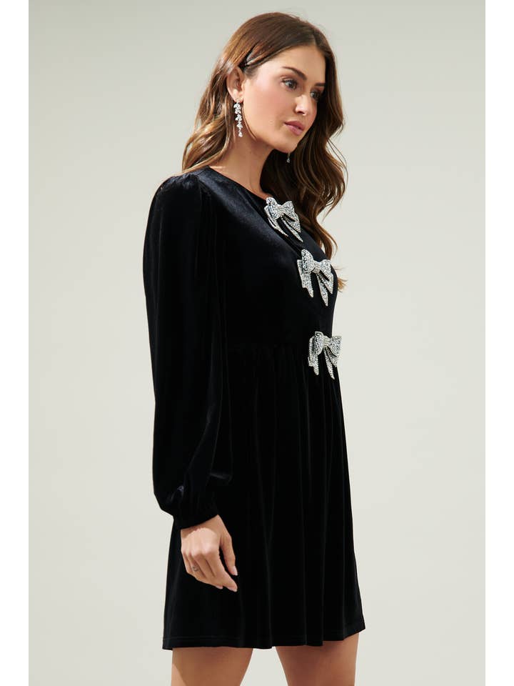 Black Glow Bow Velvet Mini Dress for wholesale on Faire