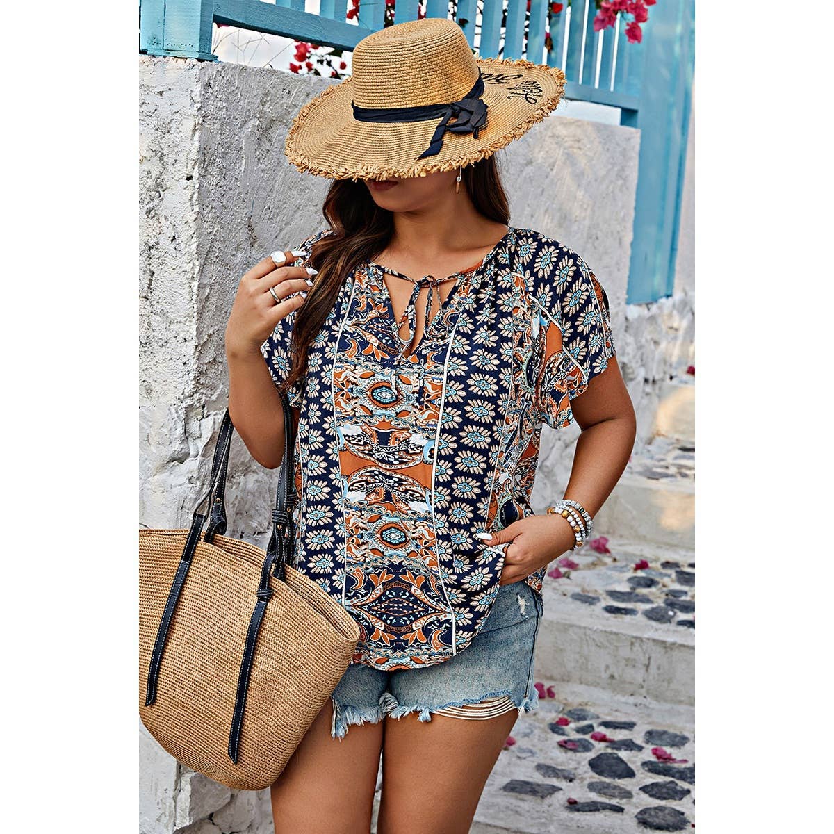 Navy Plus Size Allover Printed Tie Front Short Sleeve Blouse for wholesale on Faire3