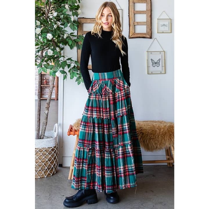 Oli&Hali - Wholesale Skirt - Women's - MINERAL WASHED PLAID TIERED MAXI SKIRT