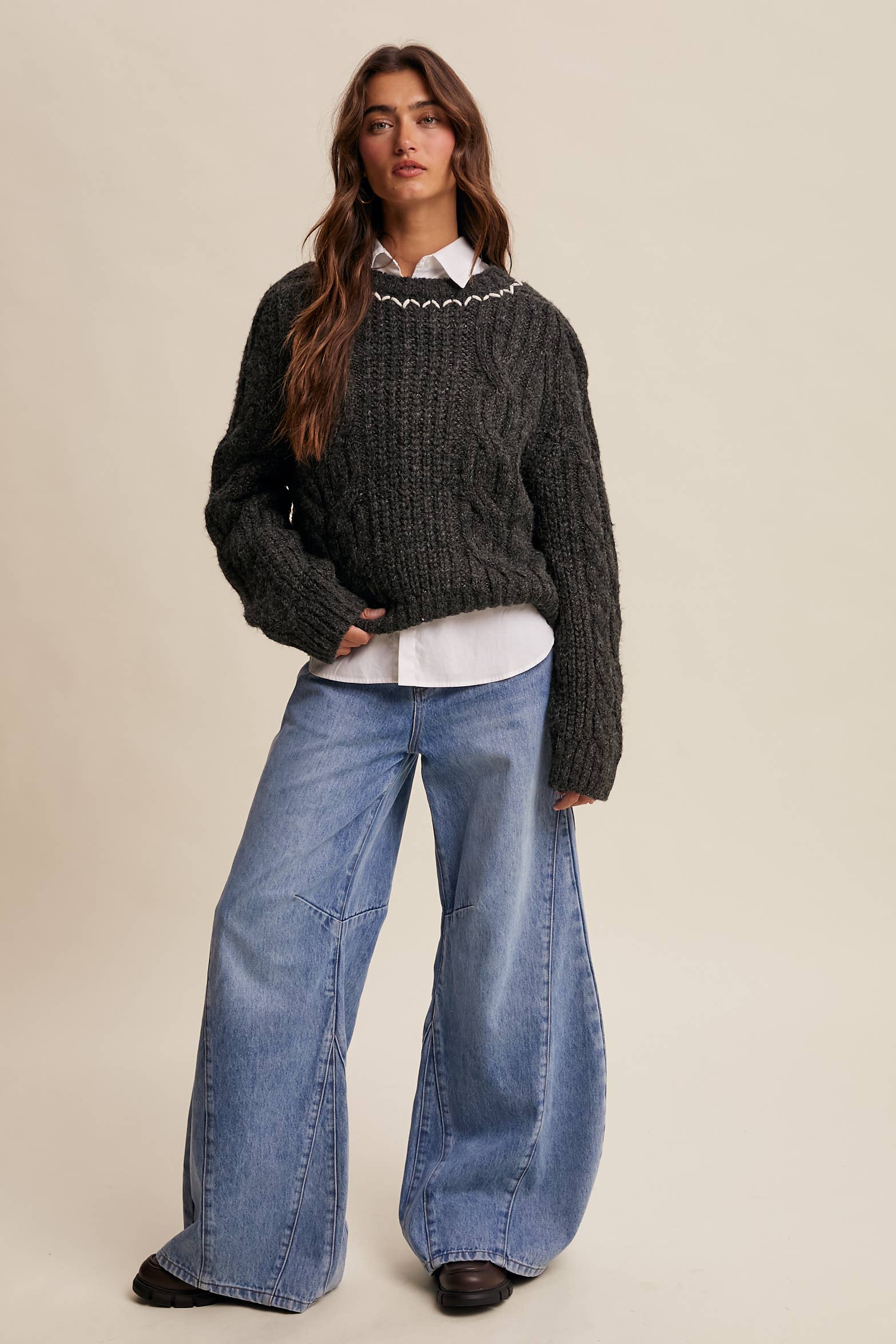 Listicle - Wholesale Knit Sweater - Women's - Contrast Stitch Cable Knit Sweater LSW1013 16