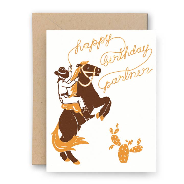 Happy Birthday Partner Cowboy Letterpress Card for wholesale by Finch and Flourish Paper Goods