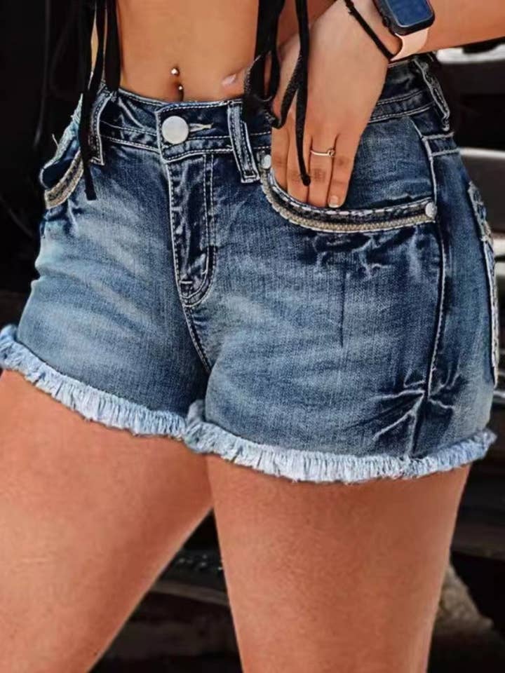 Blue Vintage Embroidered Raw-Edged Denim Shorts for wholesale on Faire