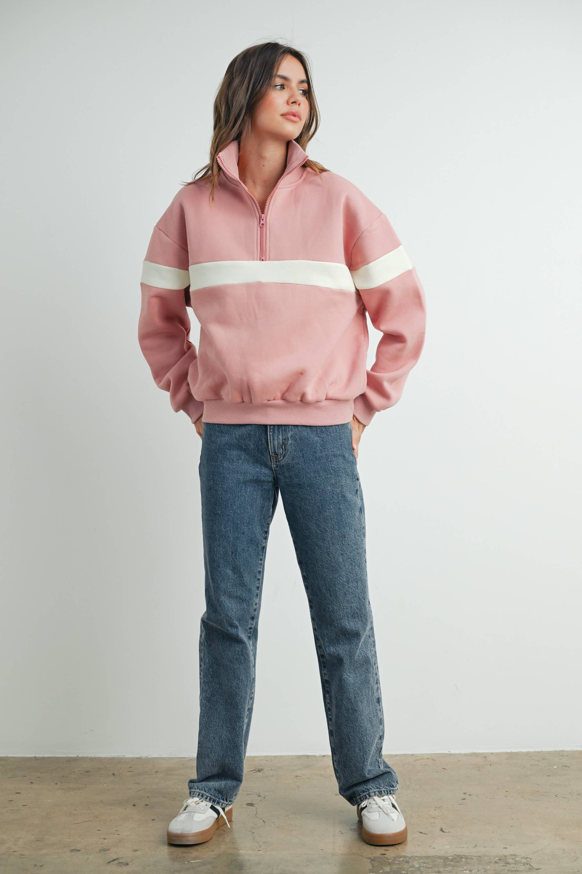 BUTTERMELON - Wholesale Sweatshirt - Women's - Two-Toned Half Zip Collar Sweatshirt - BMT753537