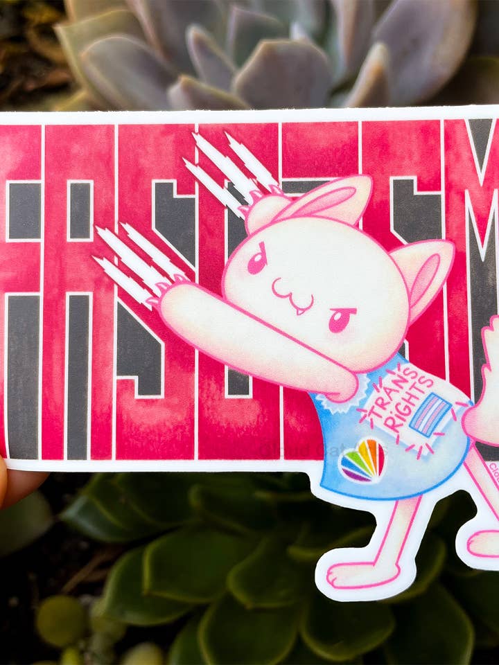 Trans Rights Cat Sticker - Kawaii Pride Activism Design for wholesale by Cloud Cat Arts