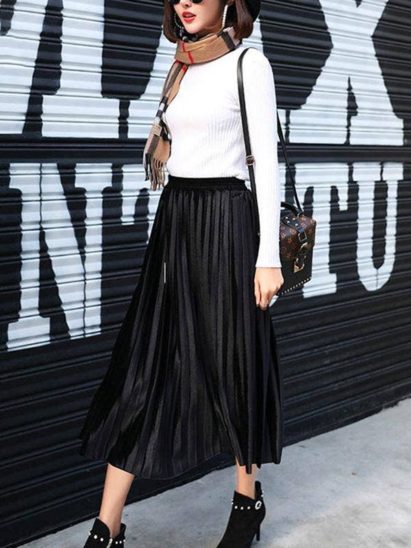 StyleGalX - Vente Jupe – femme - Jupe trapèze plissée taille haute couleur unie7