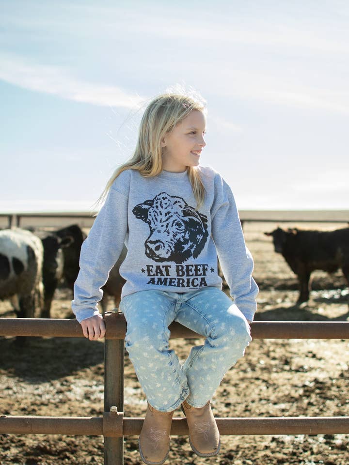 Hereford 'Eat Beef America' Grey Toddler/Youth Crewneck for wholesale by American Farm Company
