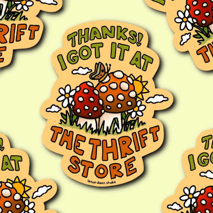Thrift Store Vinyl Sticker for wholesale by Lemon Dawn Studio