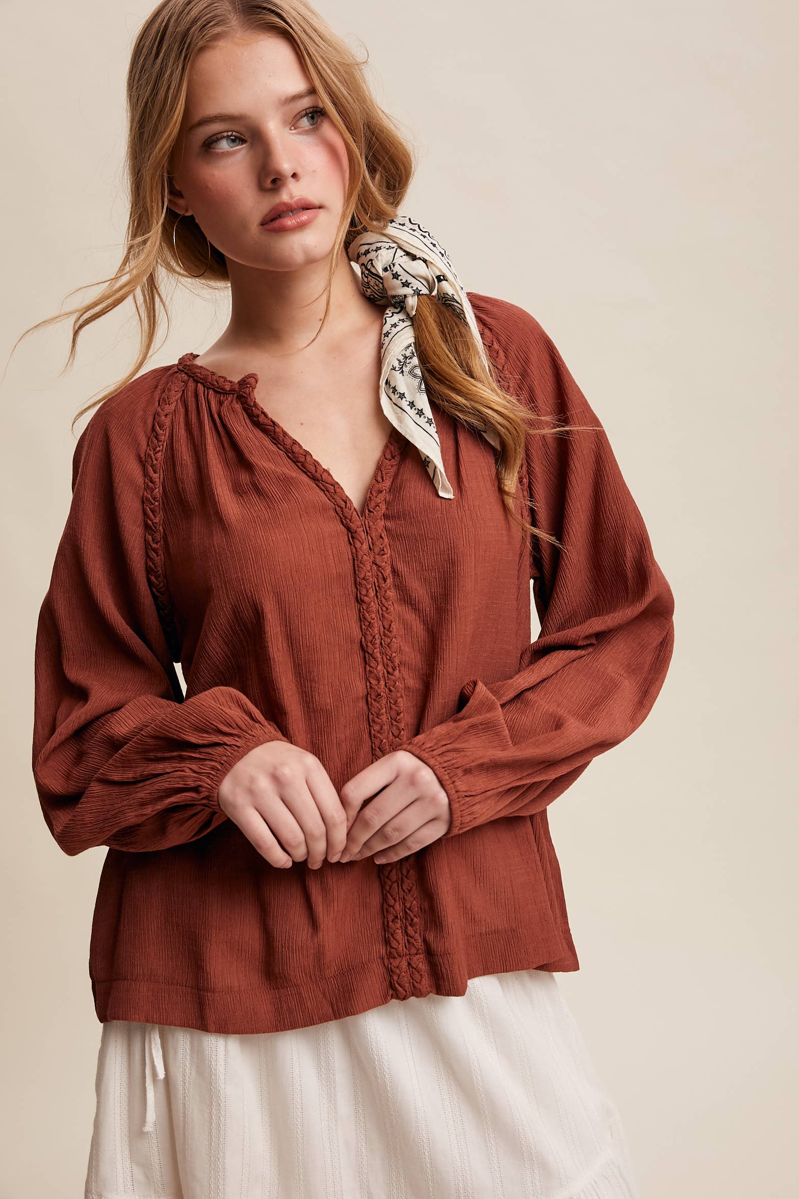 Listicle - Wholesale Blouse - Women's - Braided Trim Peasant Blouse LT144715