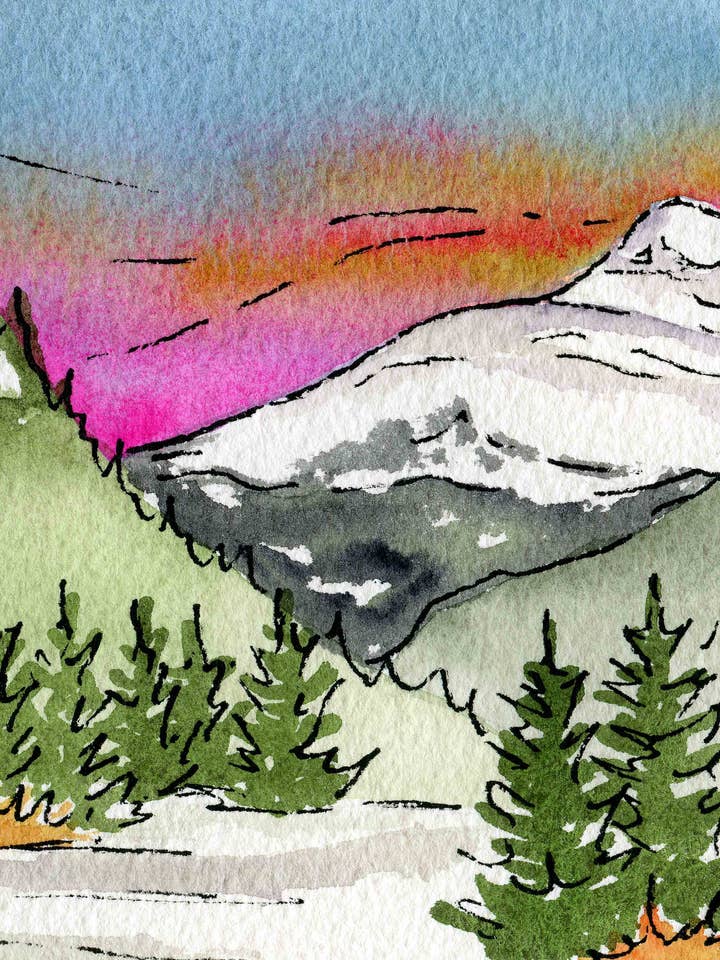 Lever du soleil sur le mont. Baldy - Paysage aquarelle de montagne pour la vente par Erika Donaghy Creative Studio