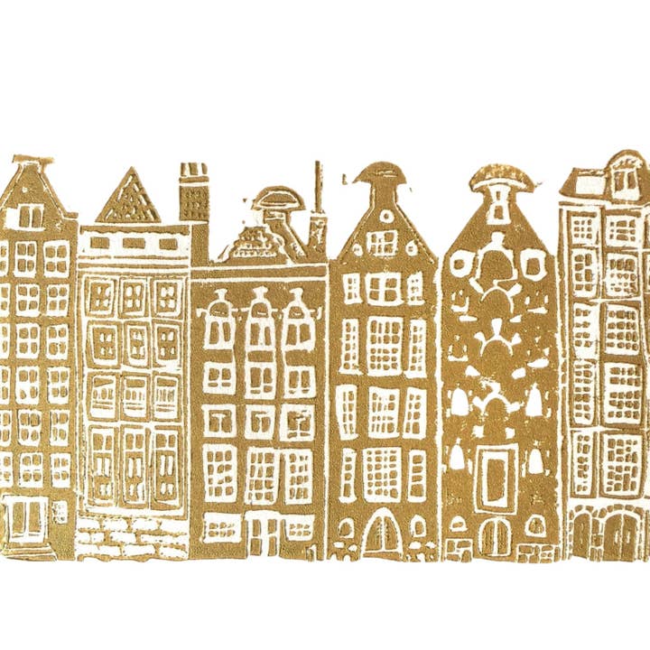 Amsterdam Canal Houses - Hand-pressed linocut print (8x10in) for wholesale by The Big Harumph