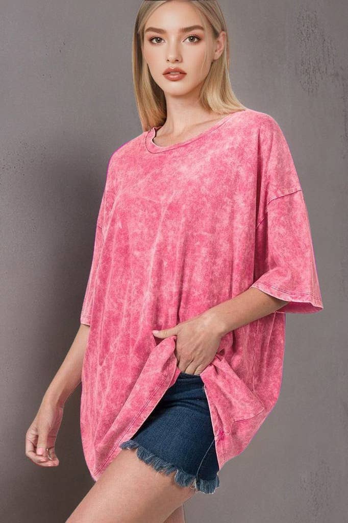 42POPS - Vente Haut en maille – femme - T-shirt en coton délavé à l'acide oversize SI-243013